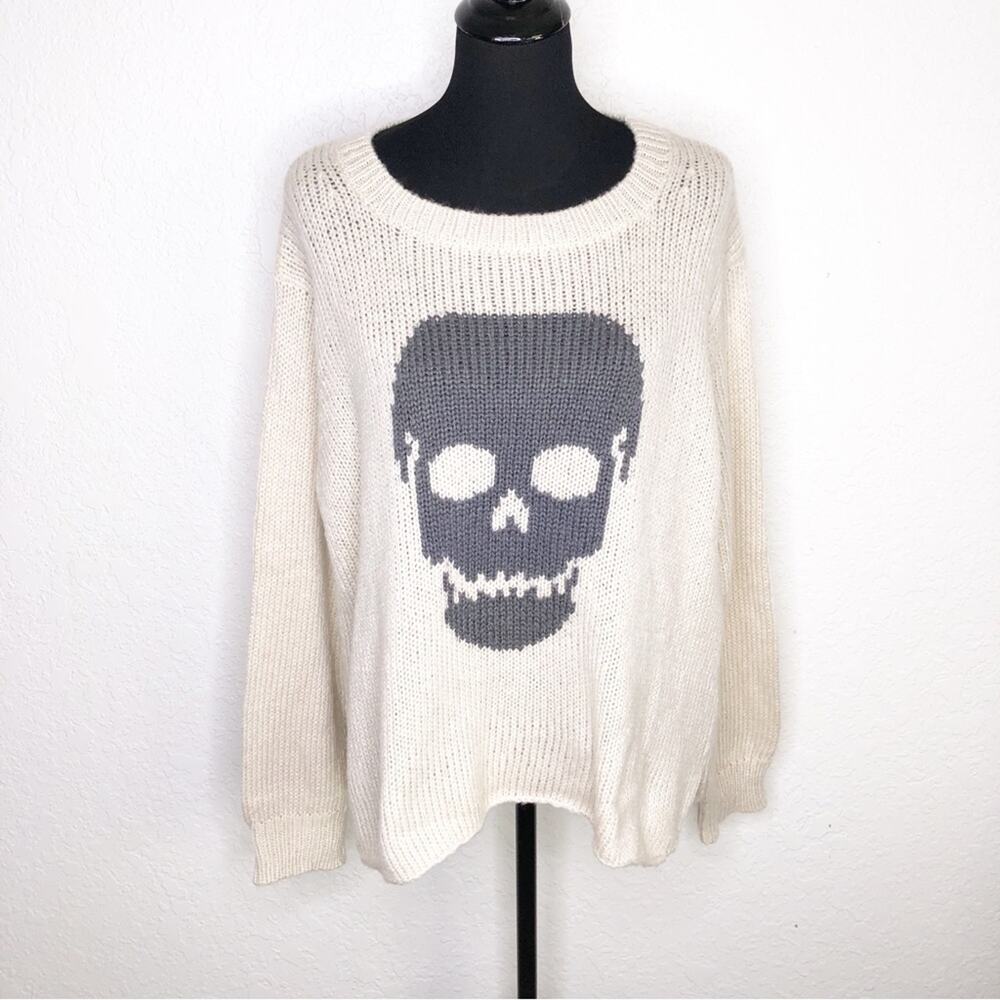 Wooden Ships cream gray skull graphic mohair wool blend sweater Extra Large XL